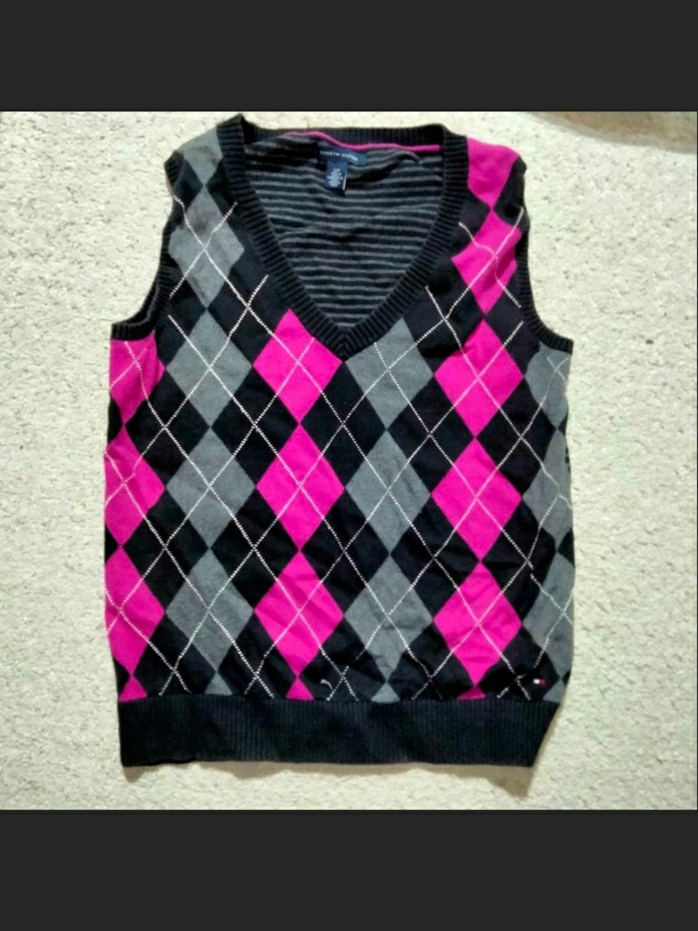 Tommy Hilfiger Pink, Gray and Black Argyle V-Neck Sweater Vest